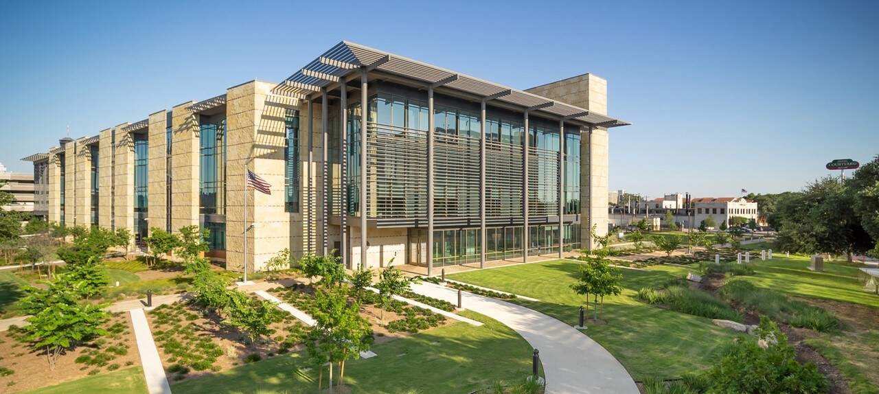 pathway aerial shot of San Antonio Federal Courthouse during the day